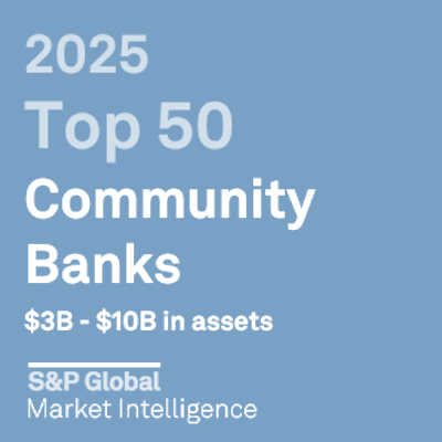 S&P Global Market Intelligence 2026 award for Top 50 Community Banks in 2025 ($3B-$10B in assets).