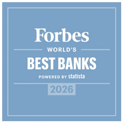 Forbes World’s Best Banks 2026 badge displayed on a blue background, powered by Statista.