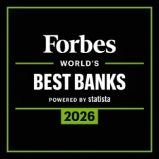 Graphic reading “Forbes World’s Best Banks 2026, powered by Statista” in white text on a black background with a bright green border and accent lines.