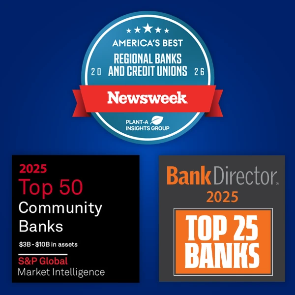 award badges: Newsweek America's best regional banks and credit unions, 2025 top 50 community banks S&P Global, Bank Director 2025 Top 25 Banks