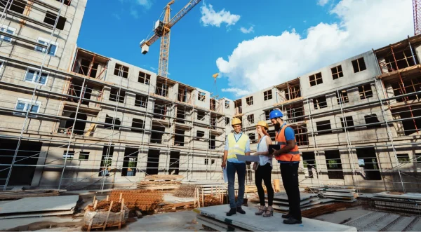 Three construction professionals in safety gear review plans at a multi-story building site with scaffolding and cranes overhead.
