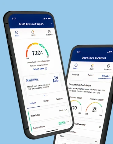 Two mobile phones display a credit score tracking feature with score gauges and account details on a light blue background.