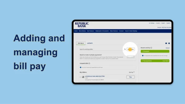 Add Biller option highlighted on the Bill Pay screen in Republic Bank Online Banking.
