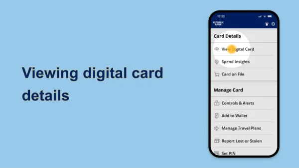 Digital banking app screen showing Card Details options, with "View Digital Card" highlighted to access a digital debit card and card management features.