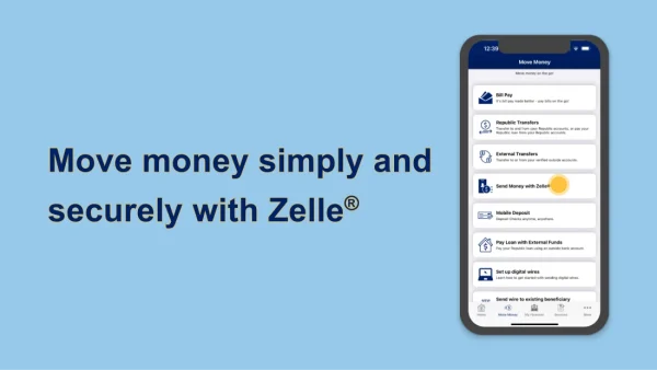 Send Money with Zelle® highlighted on the Move Money screen in the Republic Bank mobile app.