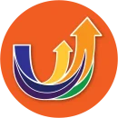 Colorful uplift icon featuring three upward-curving arrows in blue, purple, green, and gold rising toward the top right against an orange circular background.